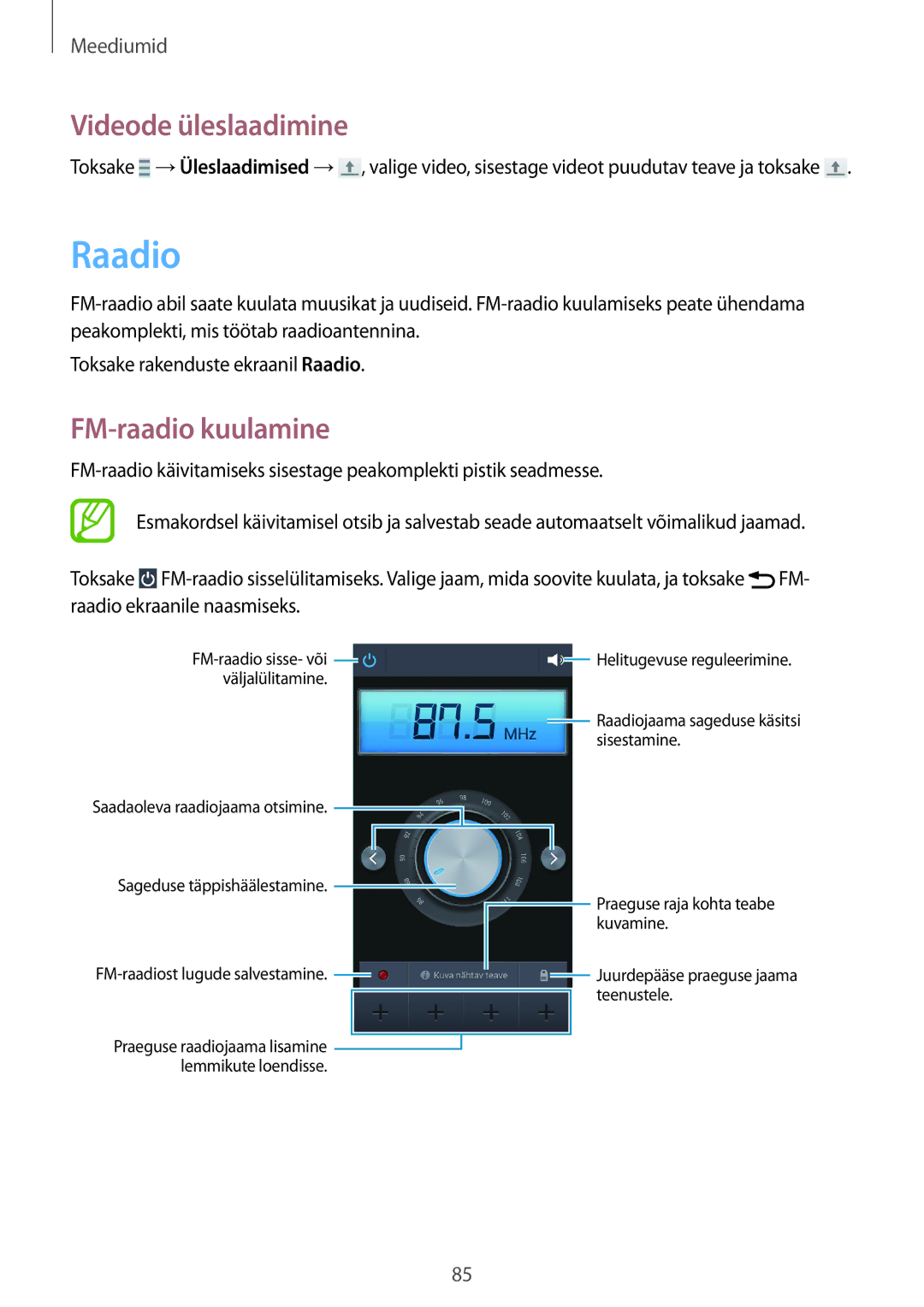 Samsung SM-G7105ZKASEB, SM-G7105ZWASEB manual Raadio, Videode üleslaadimine, FM-raadio kuulamine 