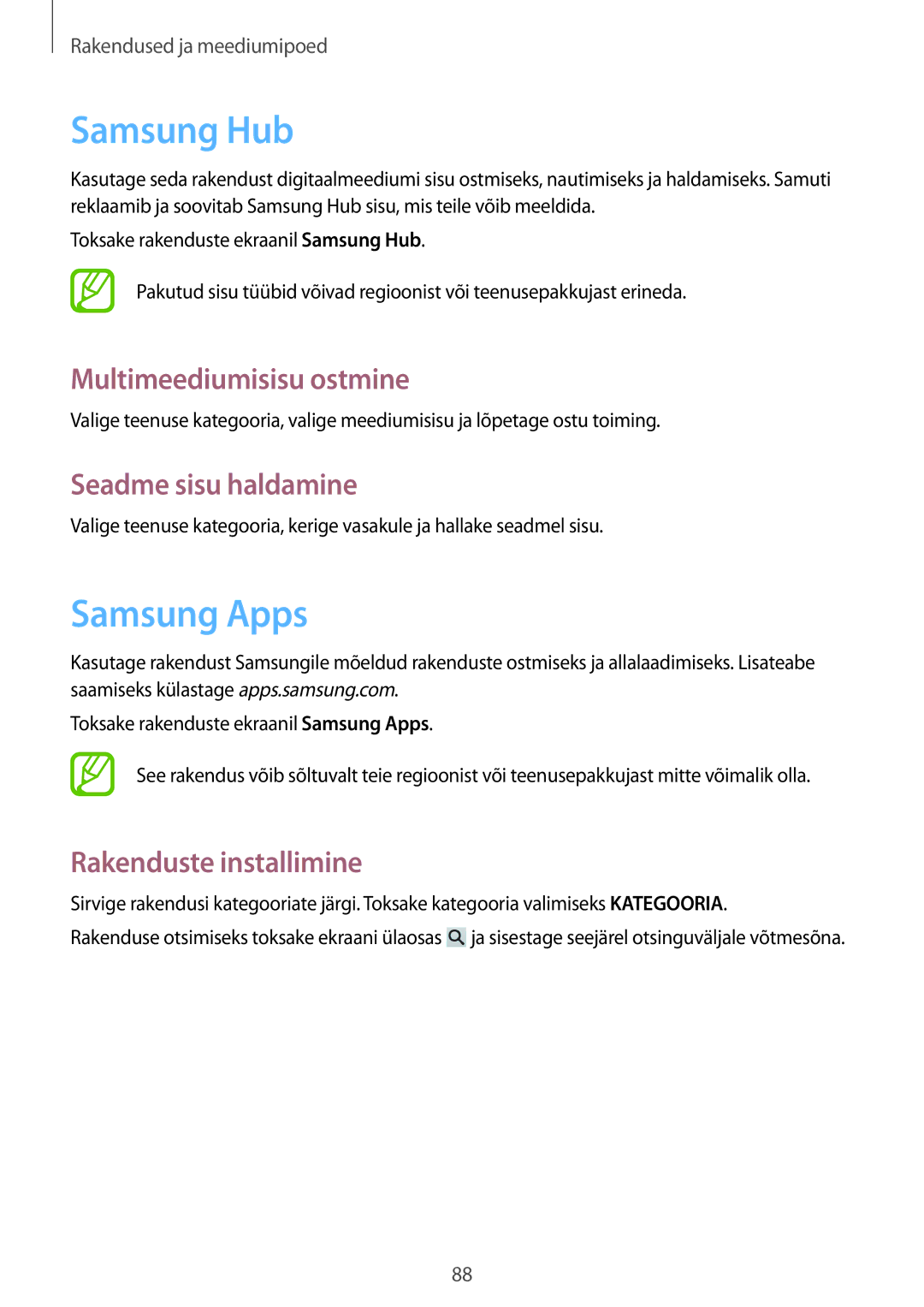 Samsung SM-G7105ZWASEB, SM-G7105ZKASEB manual Samsung Hub, Samsung Apps, Multimeediumisisu ostmine, Seadme sisu haldamine 