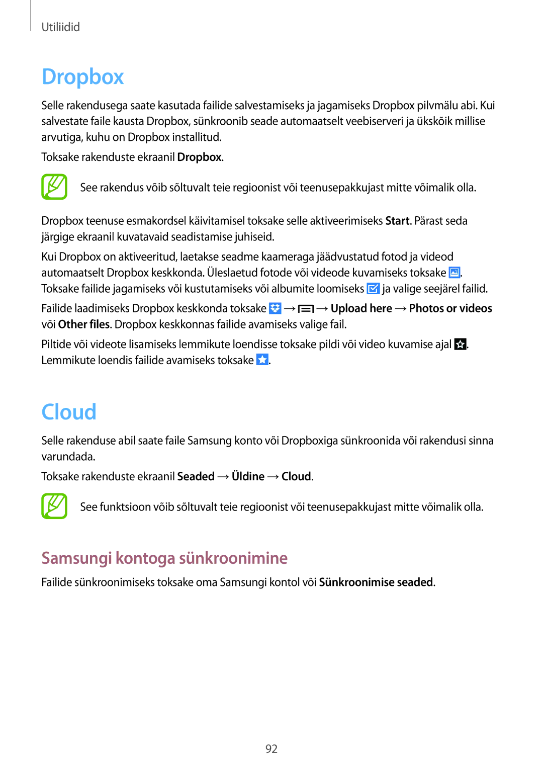 Samsung SM-G7105ZWASEB, SM-G7105ZKASEB manual Dropbox, Cloud, Samsungi kontoga sünkroonimine 