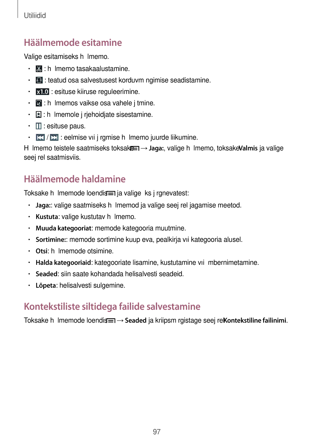 Samsung SM-G7105ZKASEB manual Häälmemode esitamine, Häälmemode haldamine, Kontekstiliste siltidega failide salvestamine 