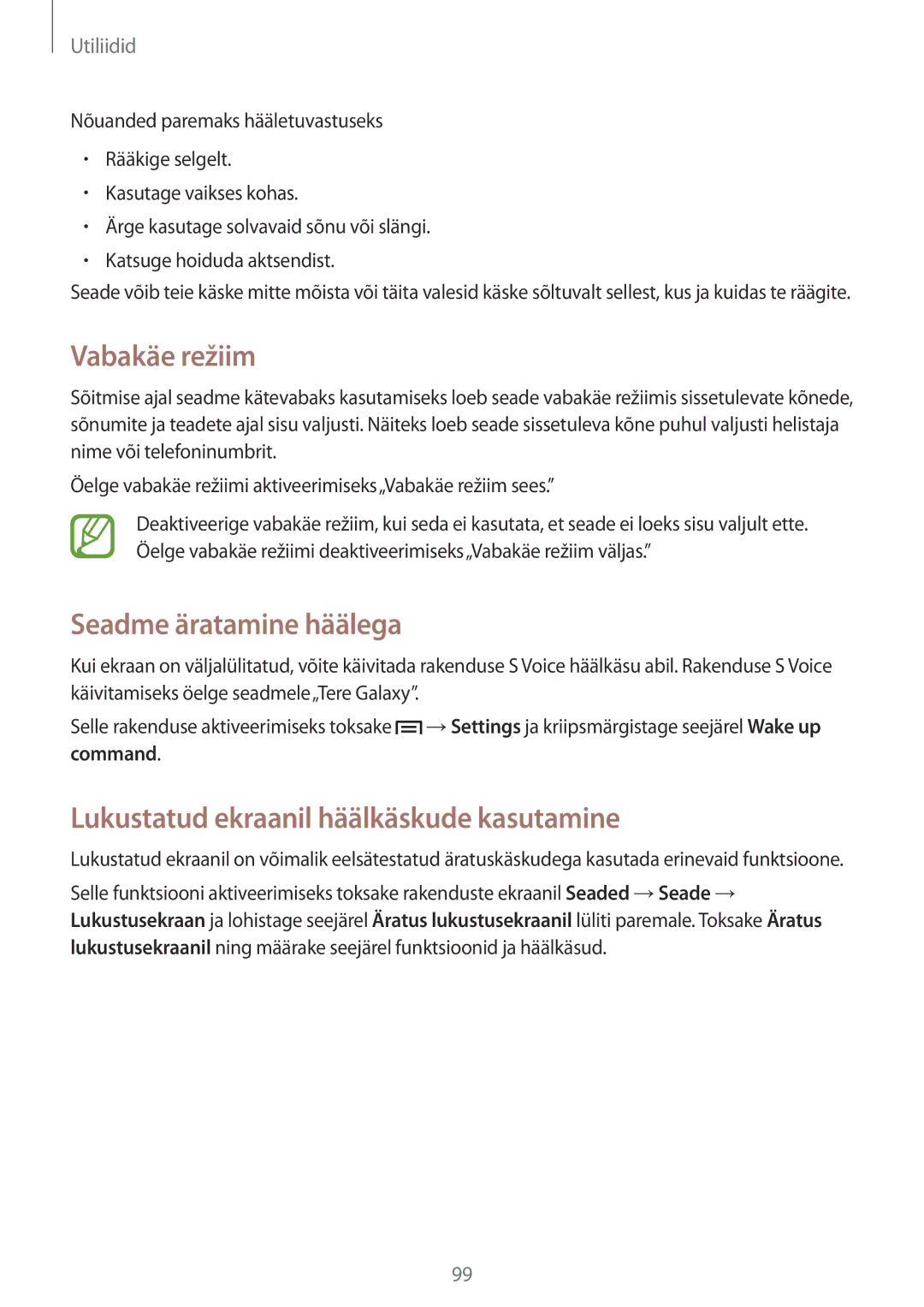 Samsung SM-G7105ZKASEB manual Vabakäe režiim, Seadme äratamine häälega, Lukustatud ekraanil häälkäskude kasutamine 