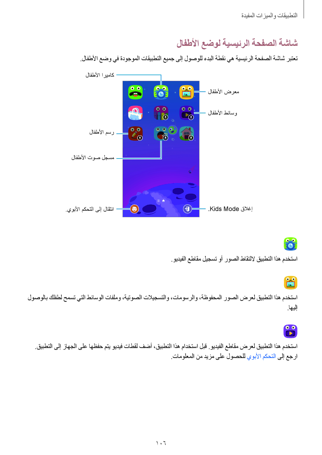 Samsung SM-G800FZDAKSA manual لافطلأا عضول ةيسيئرلا ةحفصلا ةشاش, 106 