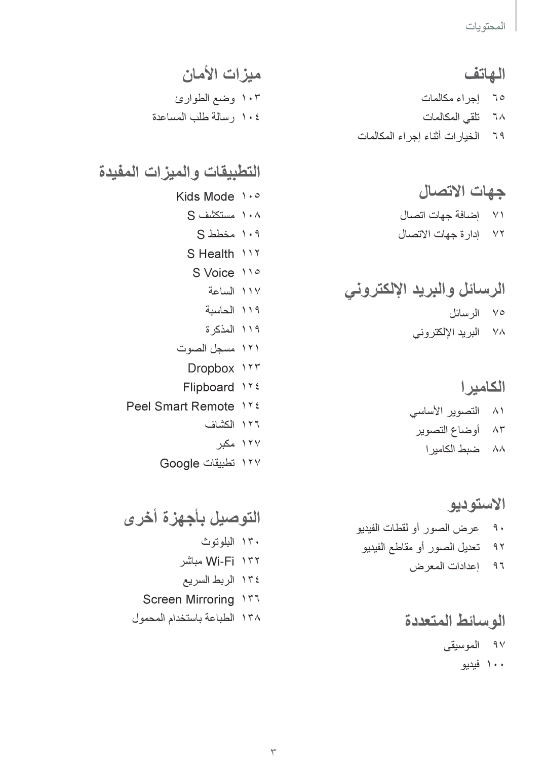 Samsung SM-G800FZDAKSA ئراوطلا عضو 103 ةدعاسملا بلط ةلاسر, ثوتولبلا 130 رشابم Wi-Fi‏ 132 عيرسلا طبرلا, ضرعملا تادادعإ 