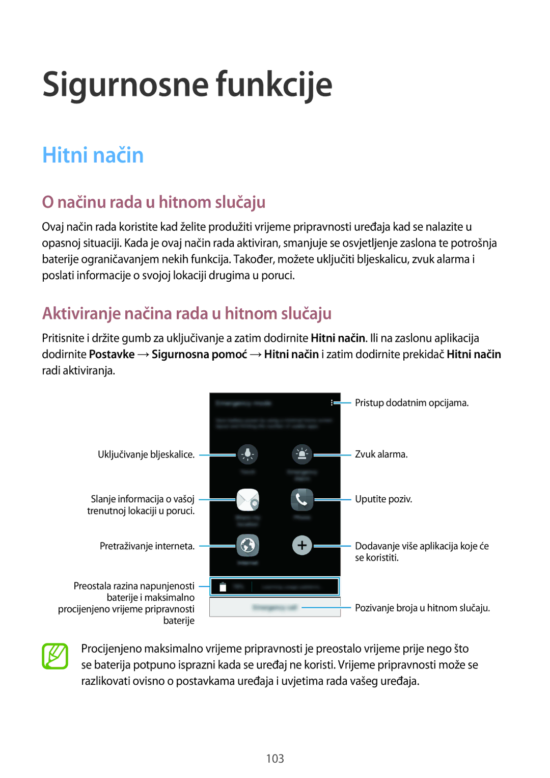 Samsung SM-G800FZWAVIP, SM-G800FZDASEE, SM-G800FZWASEE manual Sigurnosne funkcije, Hitni način, Načinu rada u hitnom slučaju 