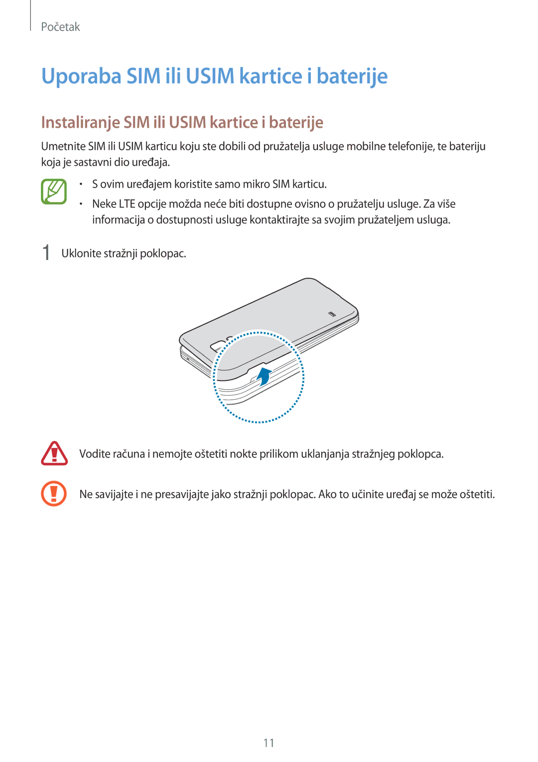 Samsung SM2G800FZDATWO manual Uporaba SIM ili Usim kartice i baterije, Instaliranje SIM ili Usim kartice i baterije 