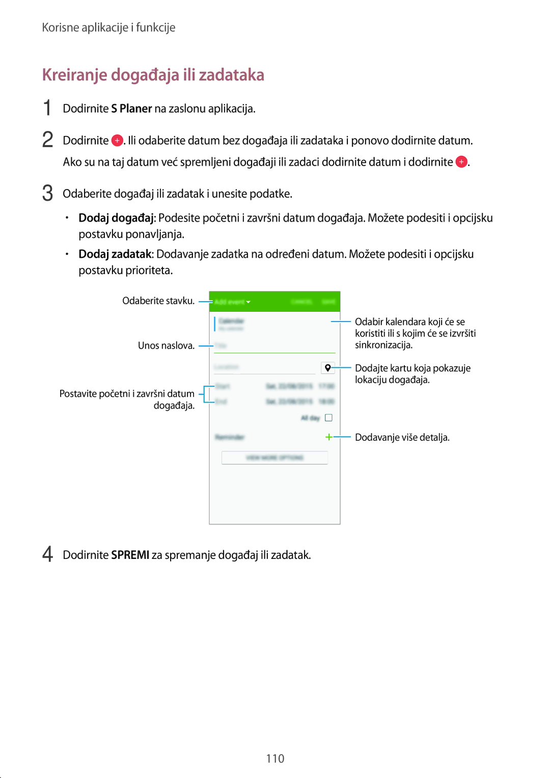 Samsung SM2G800FZWAVIP, SM-G800FZDASEE, SM-G800FZWASEE, SM-G800FZKASEE, SM2G800FZKACRO manual Kreiranje događaja ili zadataka 