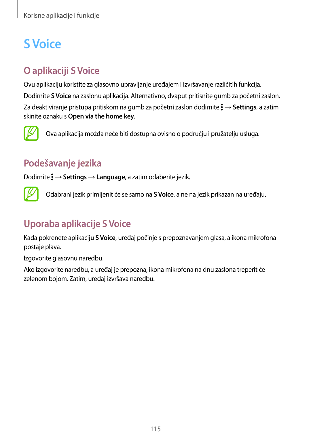 Samsung SM2G800FZKACRO, SM-G800FZDASEE manual Aplikaciji S Voice, Podešavanje jezika, Uporaba aplikacije S Voice 