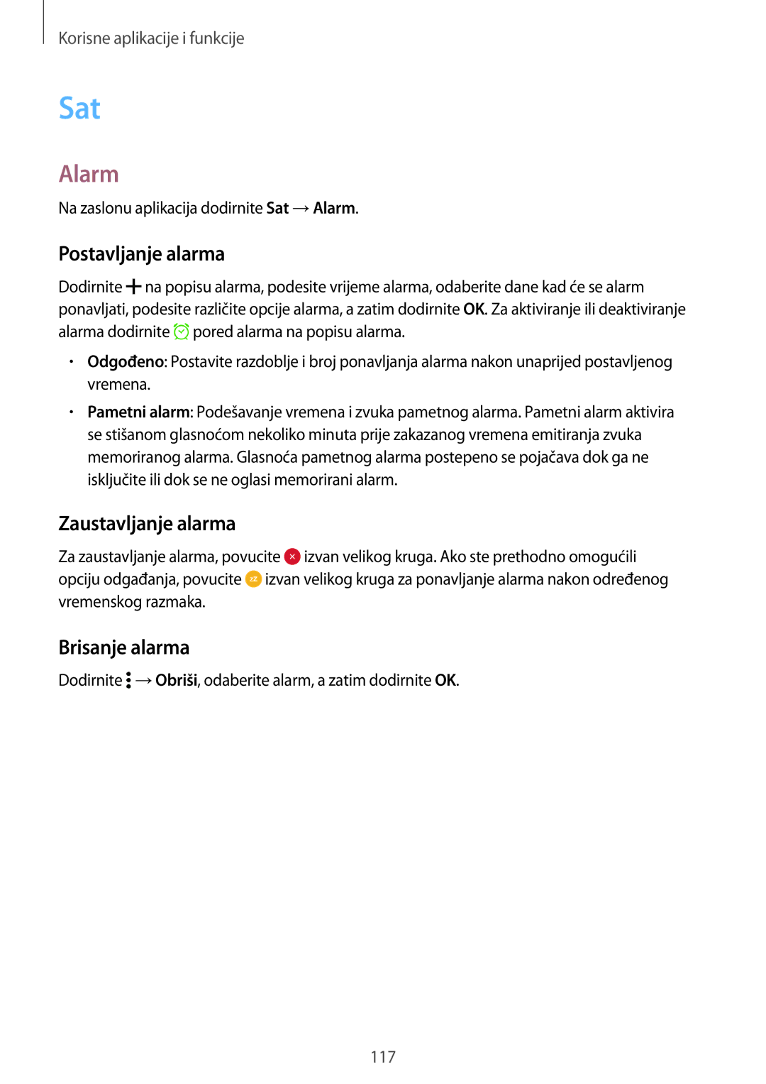 Samsung SM-G800FZKAVIP, SM-G800FZDASEE manual Sat, Alarm, Postavljanje alarma, Zaustavljanje alarma, Brisanje alarma 