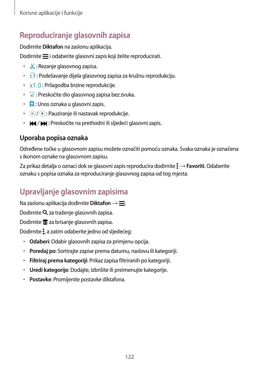 Samsung SM2G800FZKAVIP manual Reproduciranje glasovnih zapisa, Upravljanje glasovnim zapisima, Uporaba popisa oznaka 