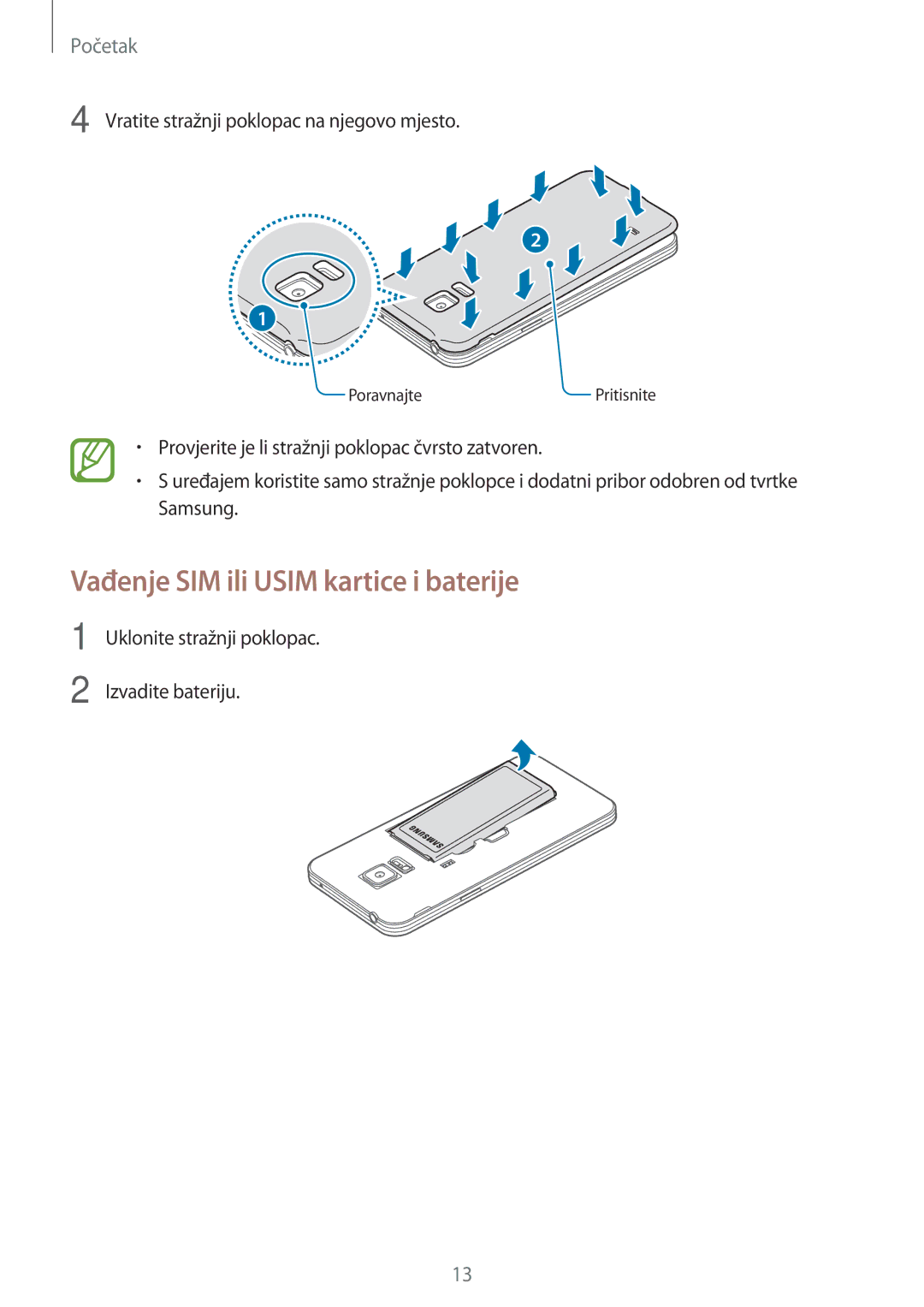 Samsung SM2G800FZKATWO, SM-G800FZDASEE, SM-G800FZWASEE, SM-G800FZKASEE manual Vađenje SIM ili Usim kartice i baterije 