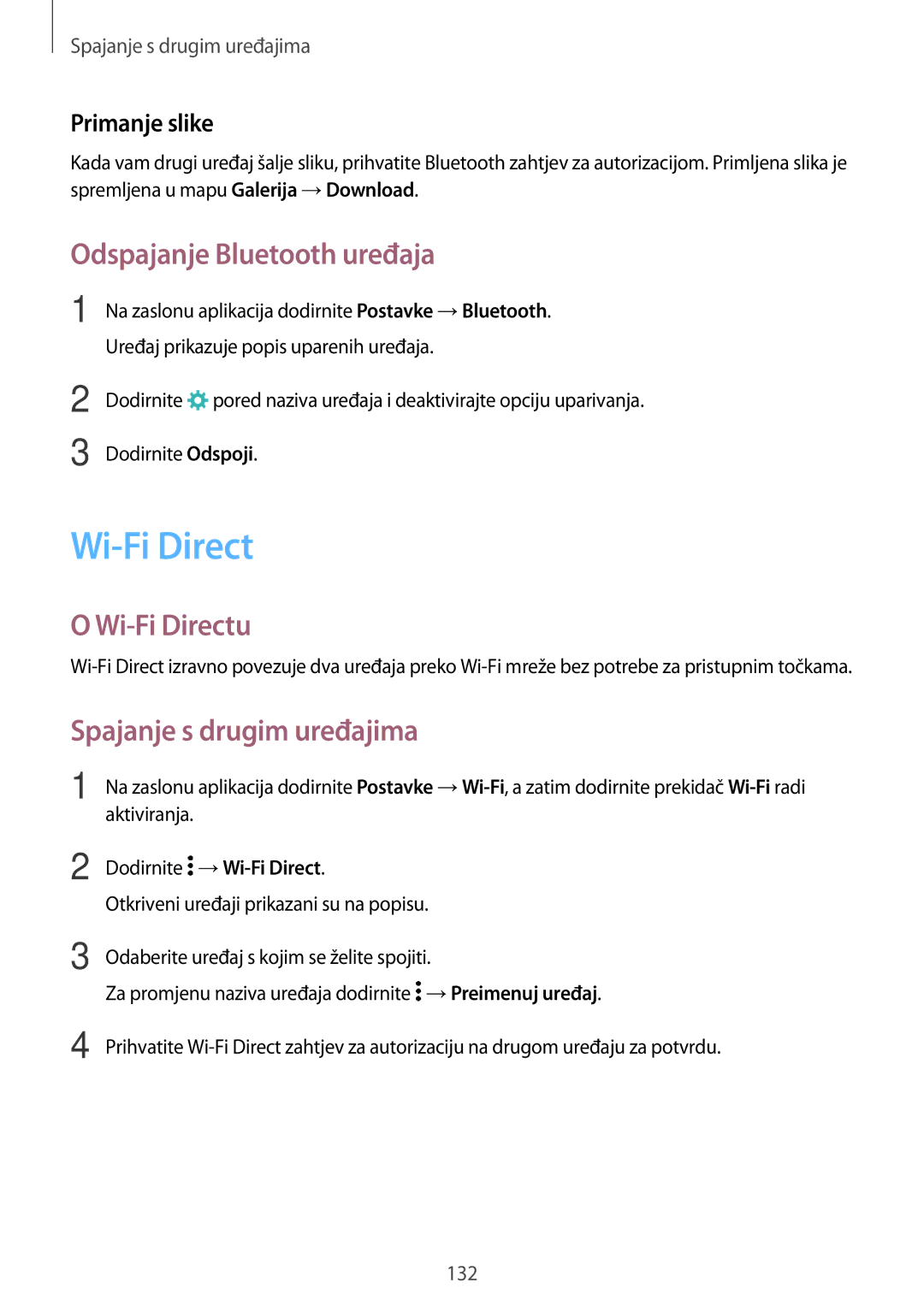 Samsung SM-G800FZBASEE manual Odspajanje Bluetooth uređaja, Wi-Fi Directu, Spajanje s drugim uređajima, Primanje slike 