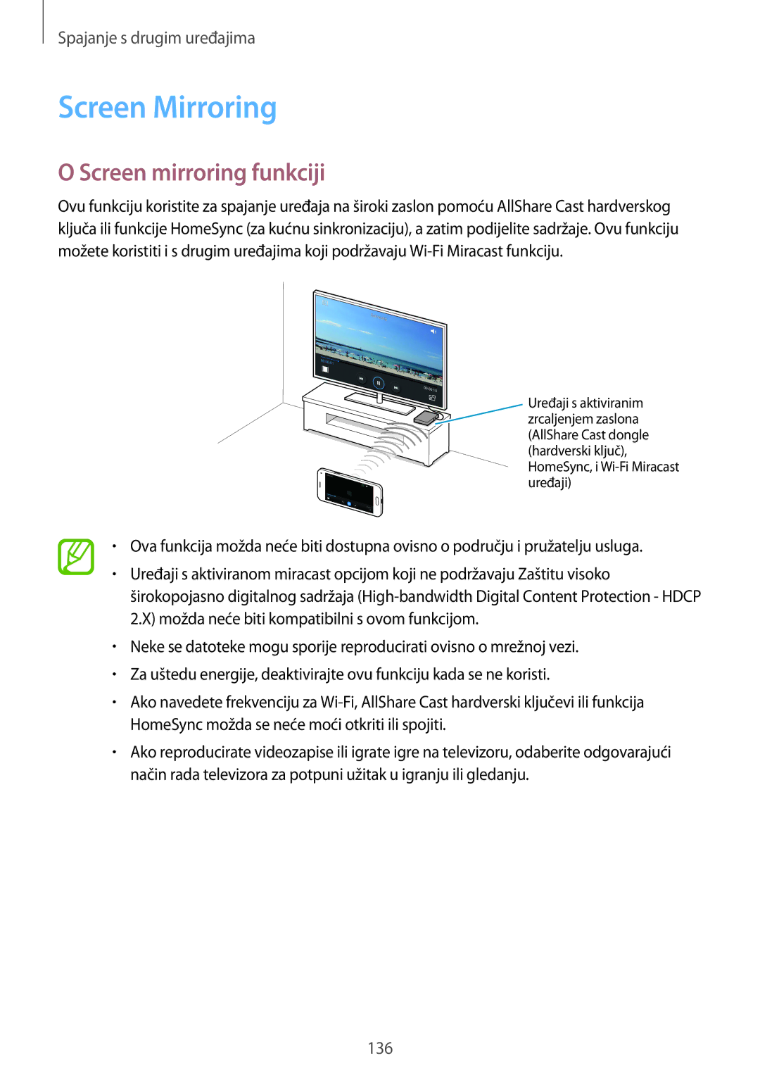 Samsung SM-G800FZKACRO, SM-G800FZDASEE, SM-G800FZWASEE, SM-G800FZKASEE manual Screen Mirroring, Screen mirroring funkciji 