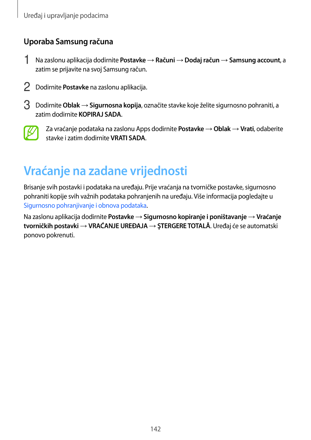 Samsung SM2G800FZWAVIP, SM-G800FZDASEE, SM-G800FZWASEE manual Vraćanje na zadane vrijednosti, Uporaba Samsung računa 