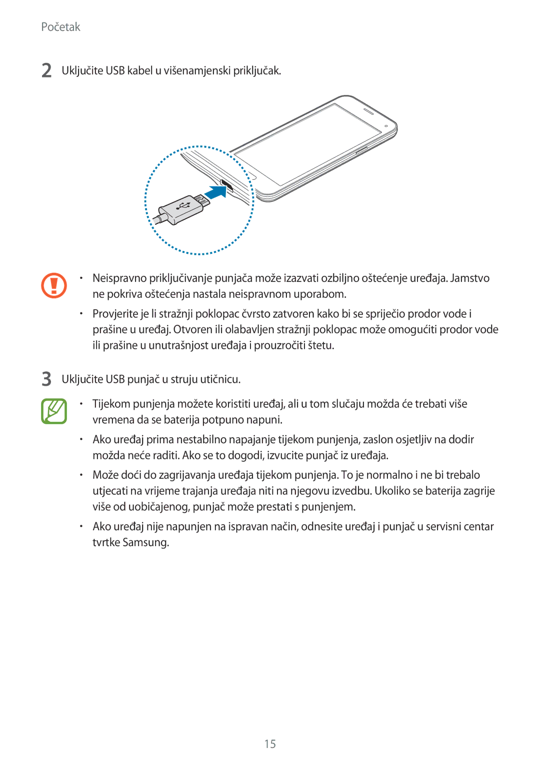 Samsung SM2G800FZWATWO, SM-G800FZDASEE, SM-G800FZWASEE, SM-G800FZKASEE manual Uključite USB kabel u višenamjenski priključak 