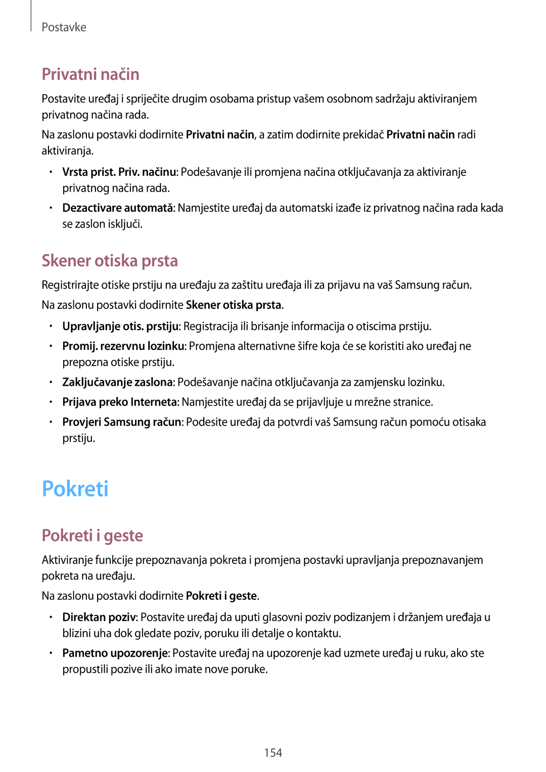 Samsung SM2G800FZKAVIP, SM-G800FZDASEE, SM-G800FZWASEE manual Privatni način, Skener otiska prsta, Pokreti i geste 