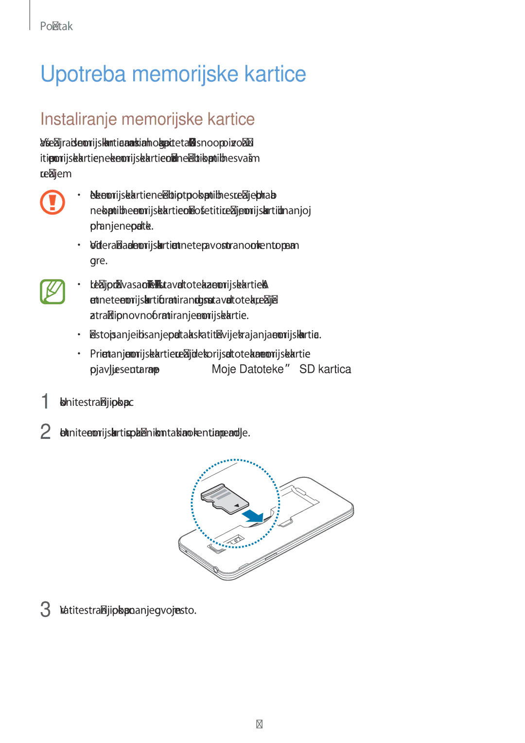 Samsung SM-G800FZWASEE, SM-G800FZDASEE, SM-G800FZKASEE manual Upotreba memorijske kartice, Instaliranje memorijske kartice 