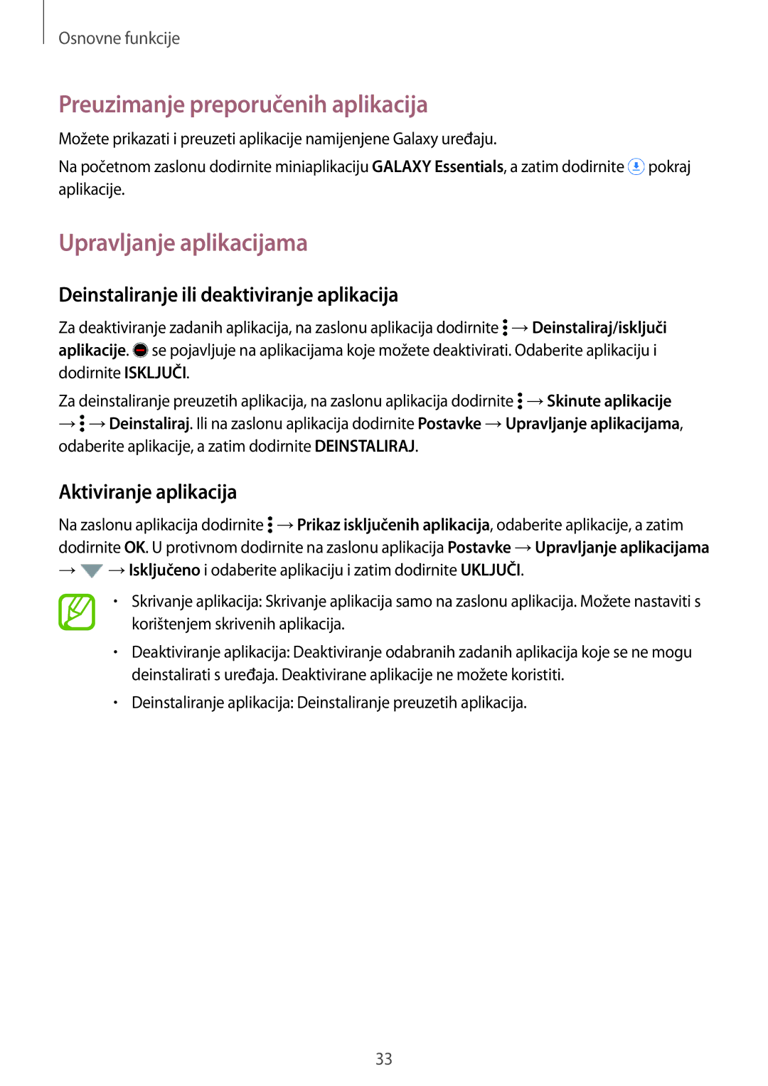 Samsung SM-G800FZWASEE manual Preuzimanje preporučenih aplikacija, Upravljanje aplikacijama, Aktiviranje aplikacija 