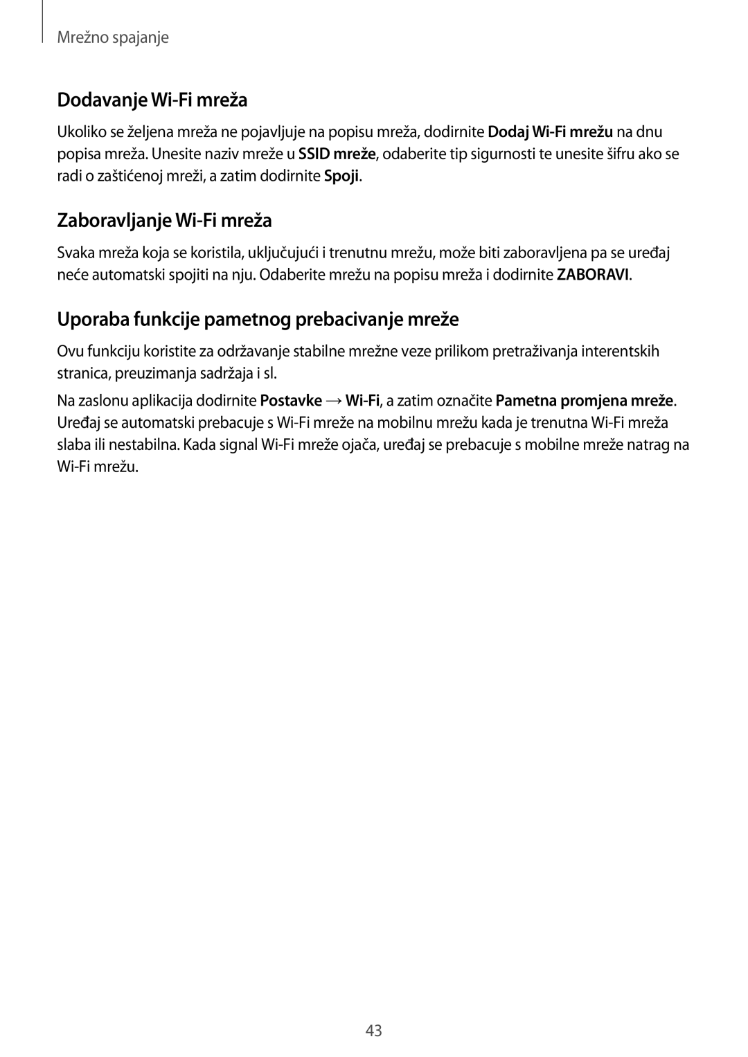 Samsung SM2G800FZDATWO Dodavanje Wi-Fi mreža, Zaboravljanje Wi-Fi mreža, Uporaba funkcije pametnog prebacivanje mreže 