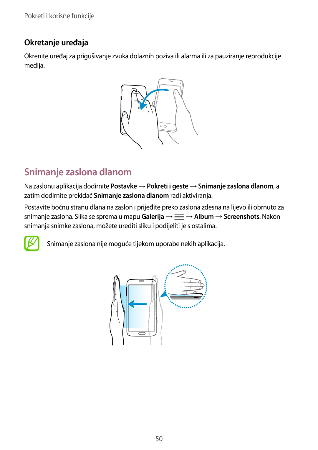 Samsung SM-G800FZKASEE, SM-G800FZDASEE, SM-G800FZWASEE, SM2G800FZKACRO manual Snimanje zaslona dlanom, Okretanje uređaja 