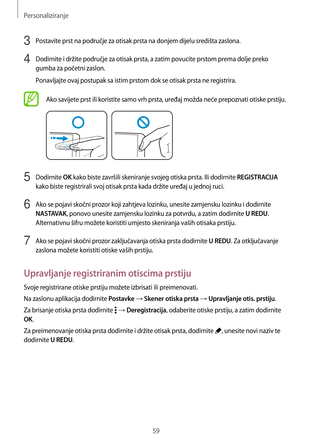 Samsung SM2G800FZDATWO, SM-G800FZDASEE, SM-G800FZWASEE, SM-G800FZKASEE manual Upravljanje registriranim otiscima prstiju 