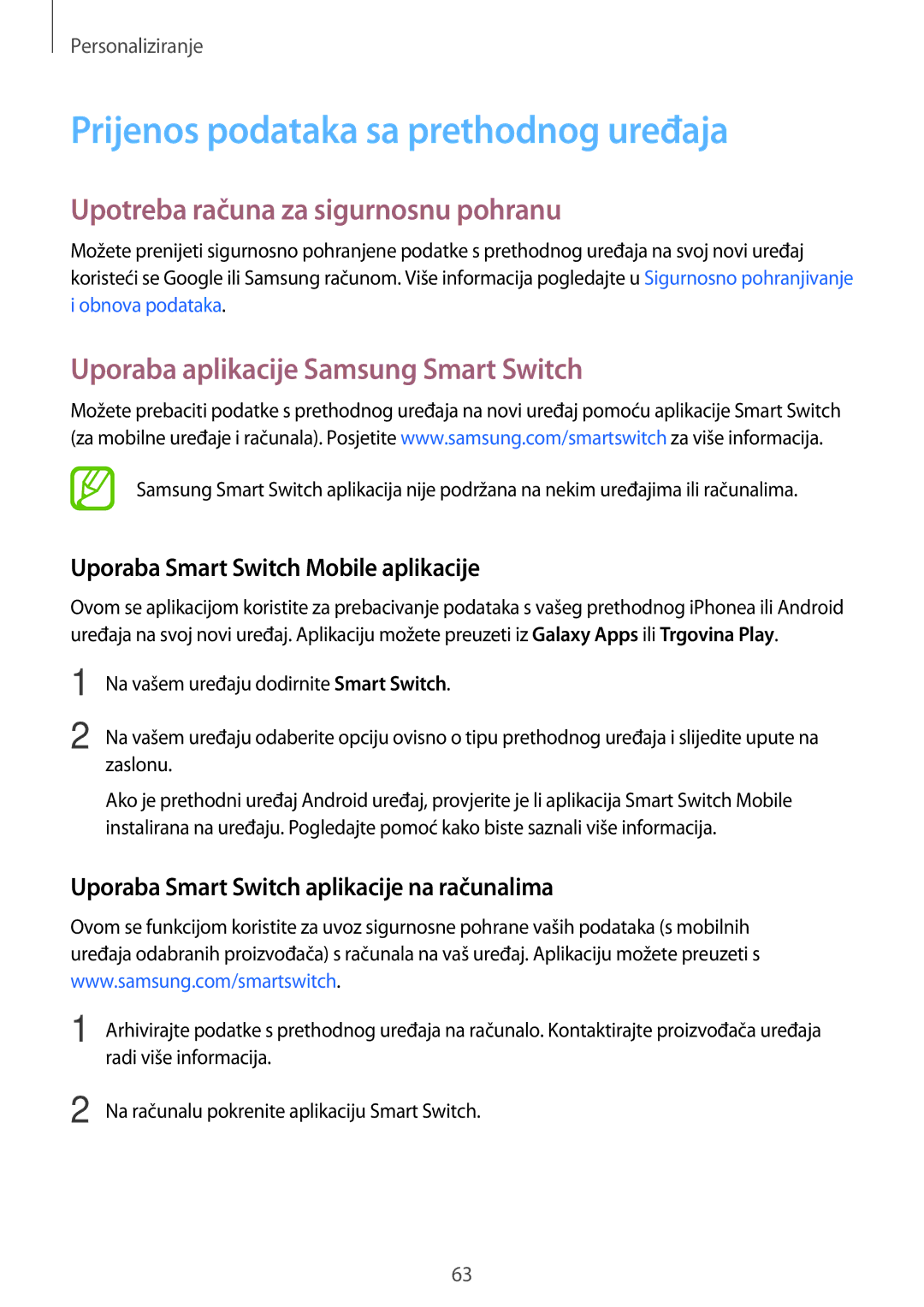 Samsung SM2G800FZWATWO, SM-G800FZDASEE manual Prijenos podataka sa prethodnog uređaja, Upotreba računa za sigurnosnu pohranu 