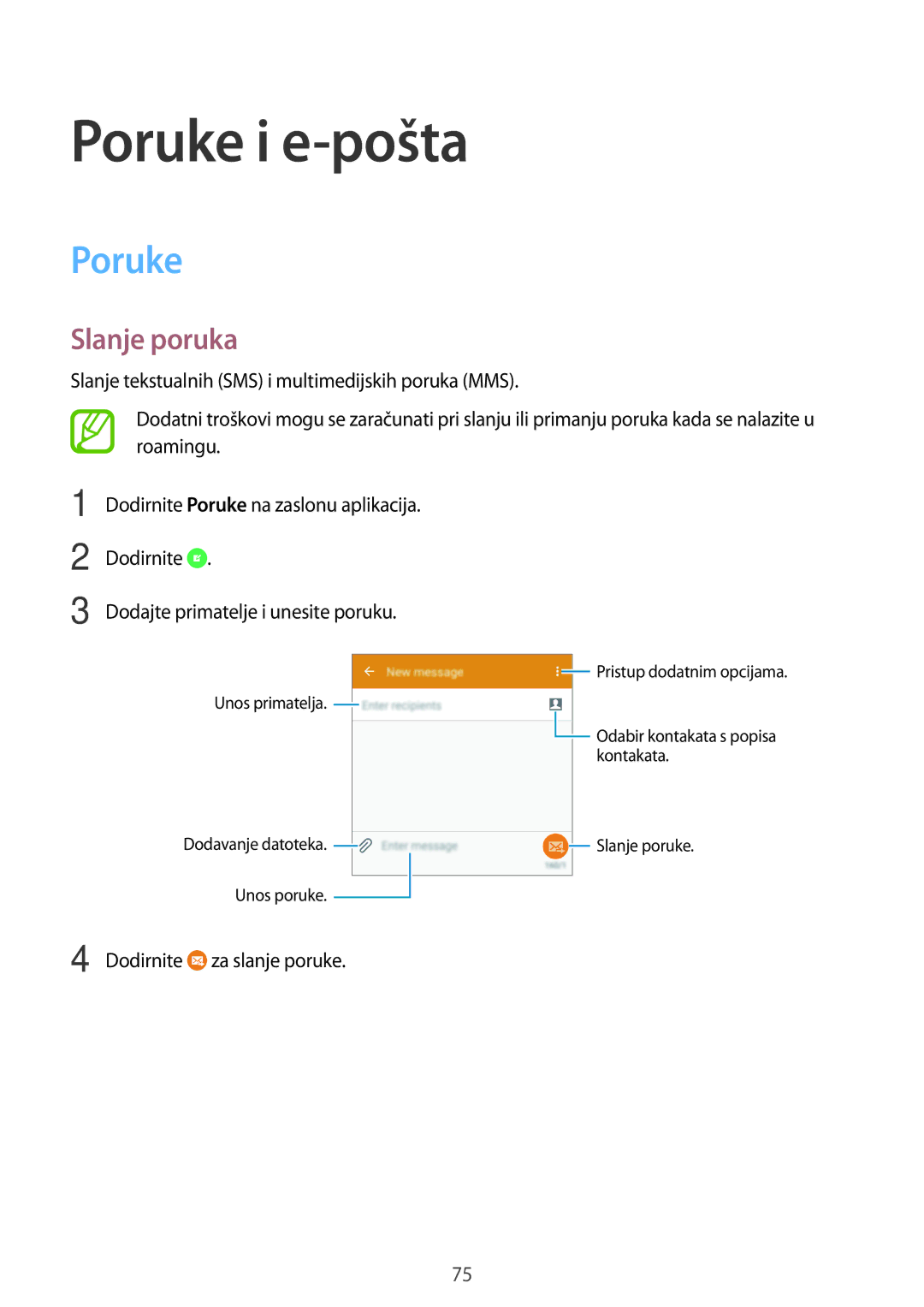 Samsung SM2G800FZDATWO, SM-G800FZDASEE, SM-G800FZWASEE, SM-G800FZKASEE, SM2G800FZKACRO manual Poruke i e-pošta, Slanje poruka 