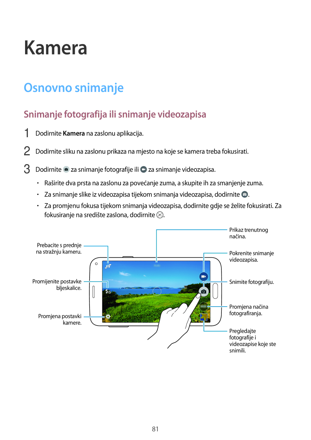 Samsung SM-G800FZWASEE, SM-G800FZDASEE manual Kamera, Osnovno snimanje, Snimanje fotografija ili snimanje videozapisa 