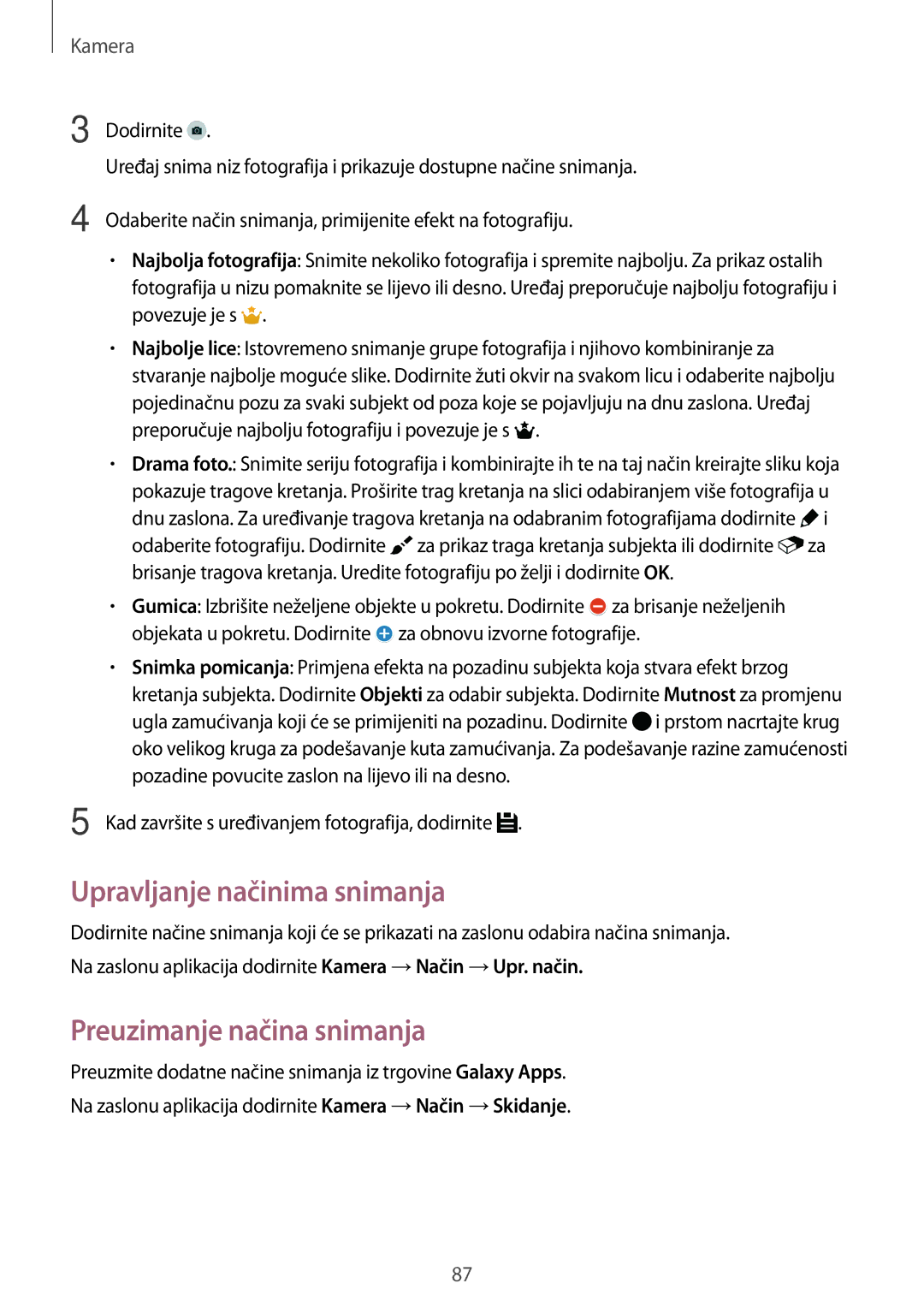 Samsung SM-G800FZWAVIP, SM-G800FZDASEE, SM-G800FZWASEE manual Upravljanje načinima snimanja, Preuzimanje načina snimanja 