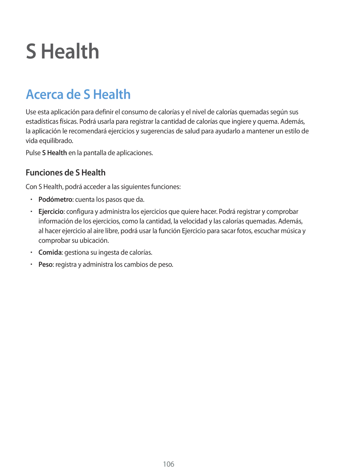 Samsung SM-G800FZKATPH, SM-G800FZKADBT, SM-G800FZBADBT, SM-G800FZKAXEF manual Acerca de S Health, Funciones de S Health 