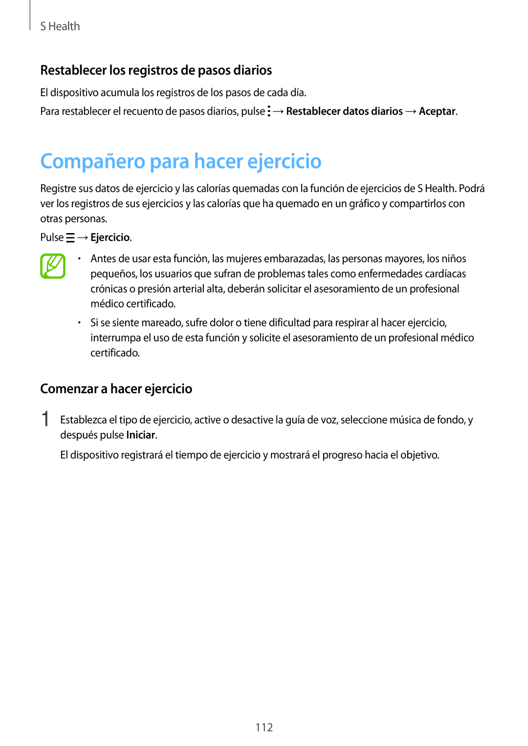 Samsung SM-G800FZKADBT manual Compañero para hacer ejercicio, Restablecer los registros de pasos diarios, Pulse →Ejercicio 