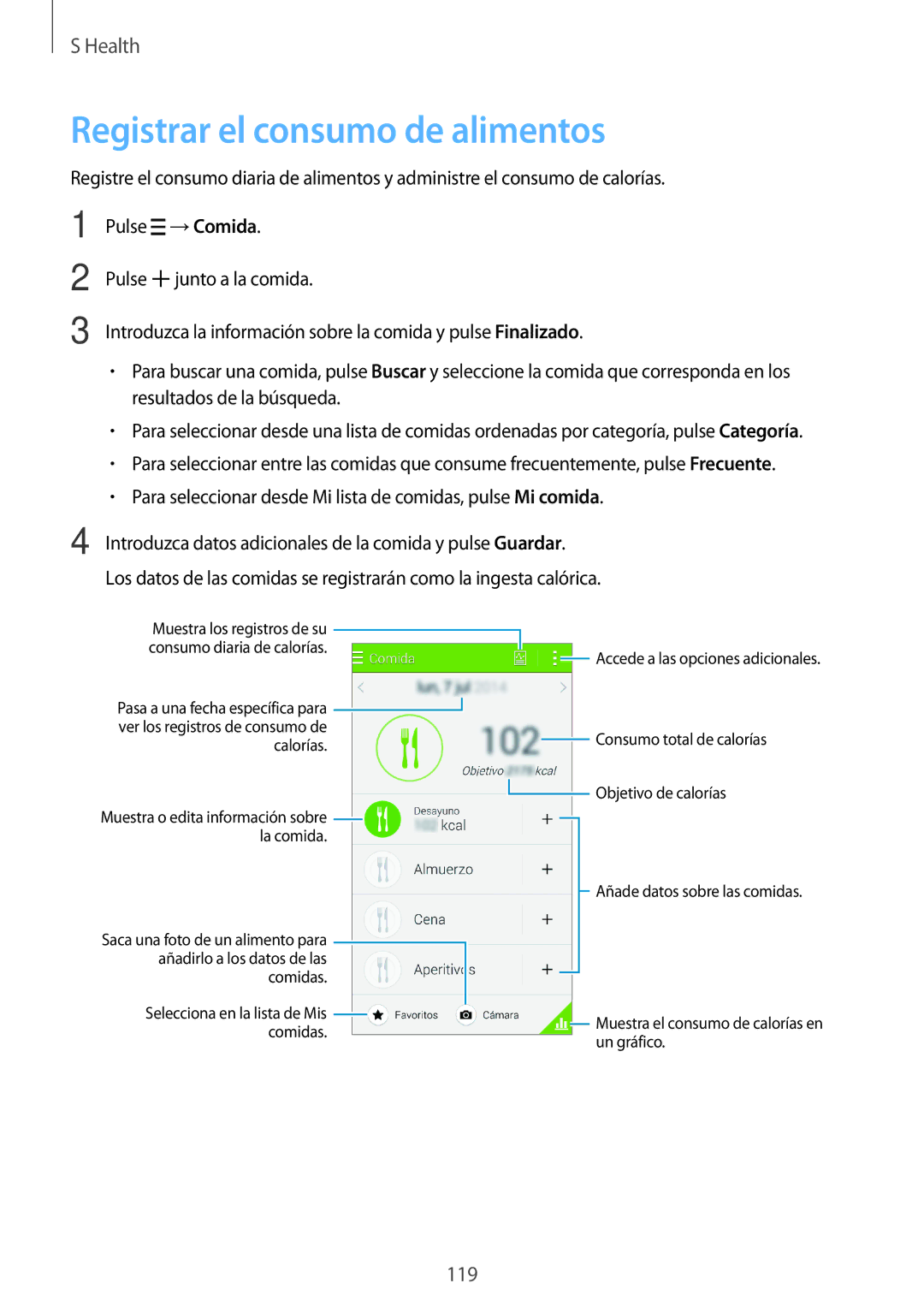 Samsung SM-G800FZKAITV, SM-G800FZKADBT, SM-G800FZBADBT, SM-G800FZKAXEF manual Registrar el consumo de alimentos, Calorías 