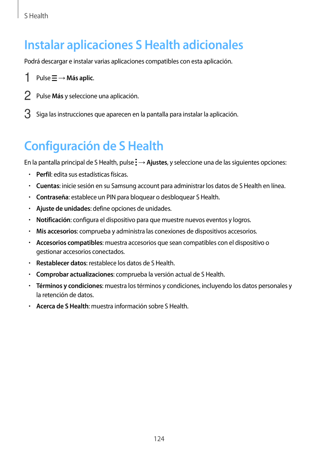 Samsung SM-G800FZDAPHE manual Instalar aplicaciones S Health adicionales, Configuración de S Health, Pulse →Más aplic 