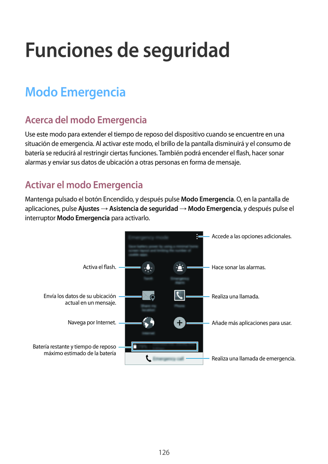 Samsung SM-G800FZKADBT Funciones de seguridad, Modo Emergencia, Acerca del modo Emergencia, Activar el modo Emergencia 