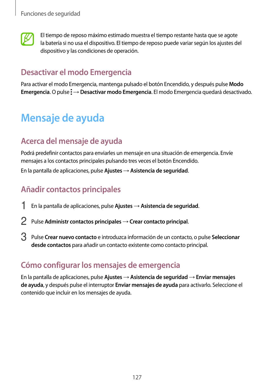 Samsung SM-G800FZBADBT, SM-G800FZKADBT manual Mensaje de ayuda, Desactivar el modo Emergencia, Acerca del mensaje de ayuda 