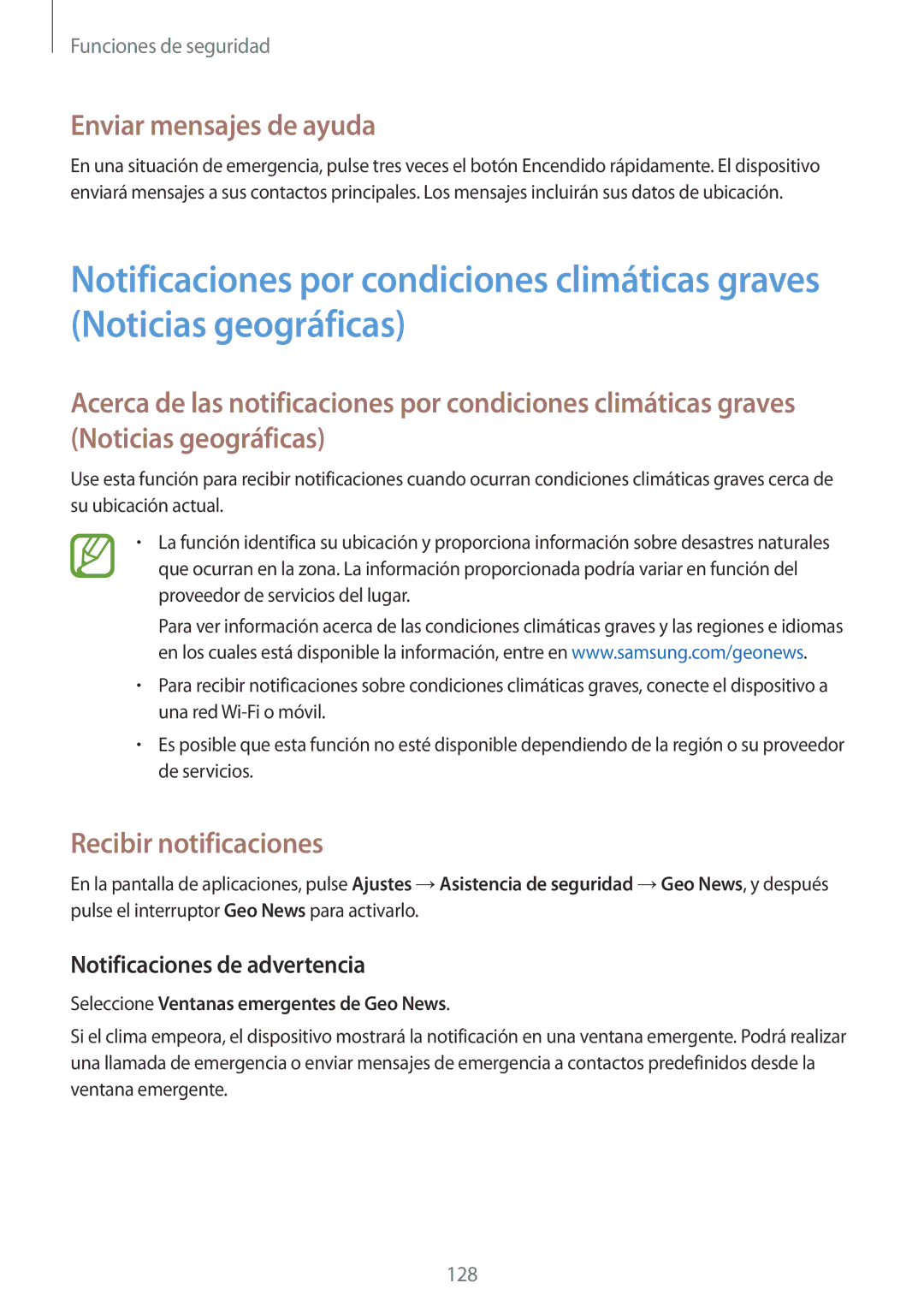 Samsung SM-G800FZKAXEF, SM-G800FZKADBT Enviar mensajes de ayuda, Recibir notificaciones, Notificaciones de advertencia 