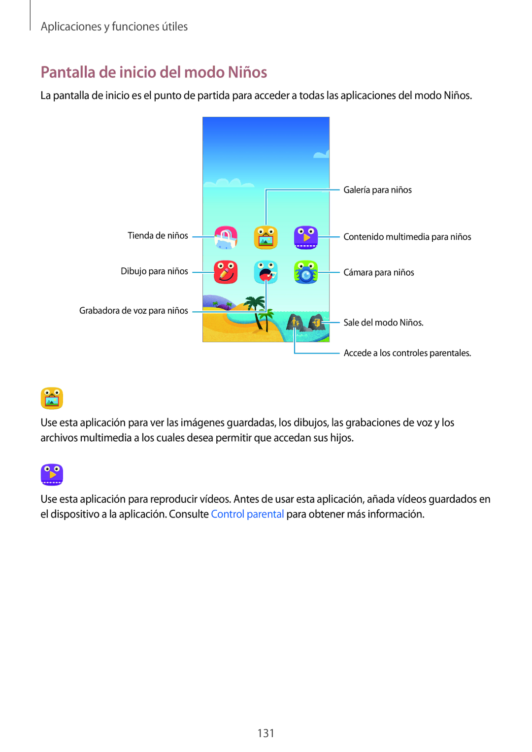 Samsung SM-G800FZKATIM, SM-G800FZKADBT, SM-G800FZBADBT, SM-G800FZKAXEF, SM-G800FZWAITV manual Pantalla de inicio del modo Niños 