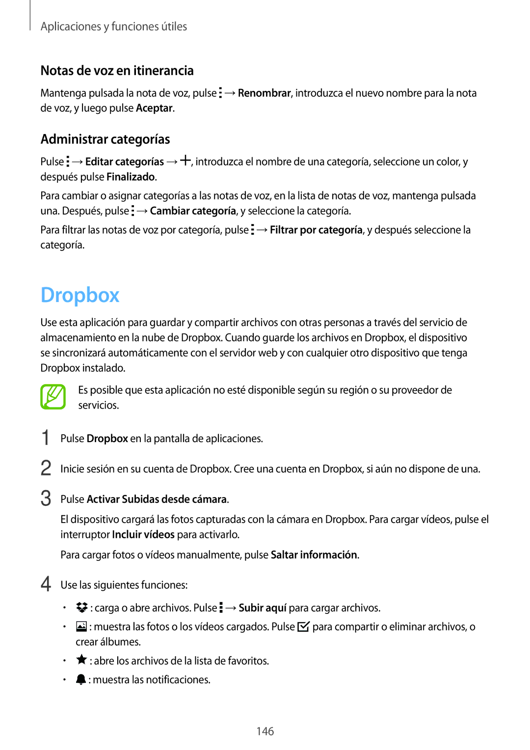 Samsung SM-G800FZWAROM Dropbox, Notas de voz en itinerancia, Administrar categorías, Pulse Activar Subidas desde cámara 