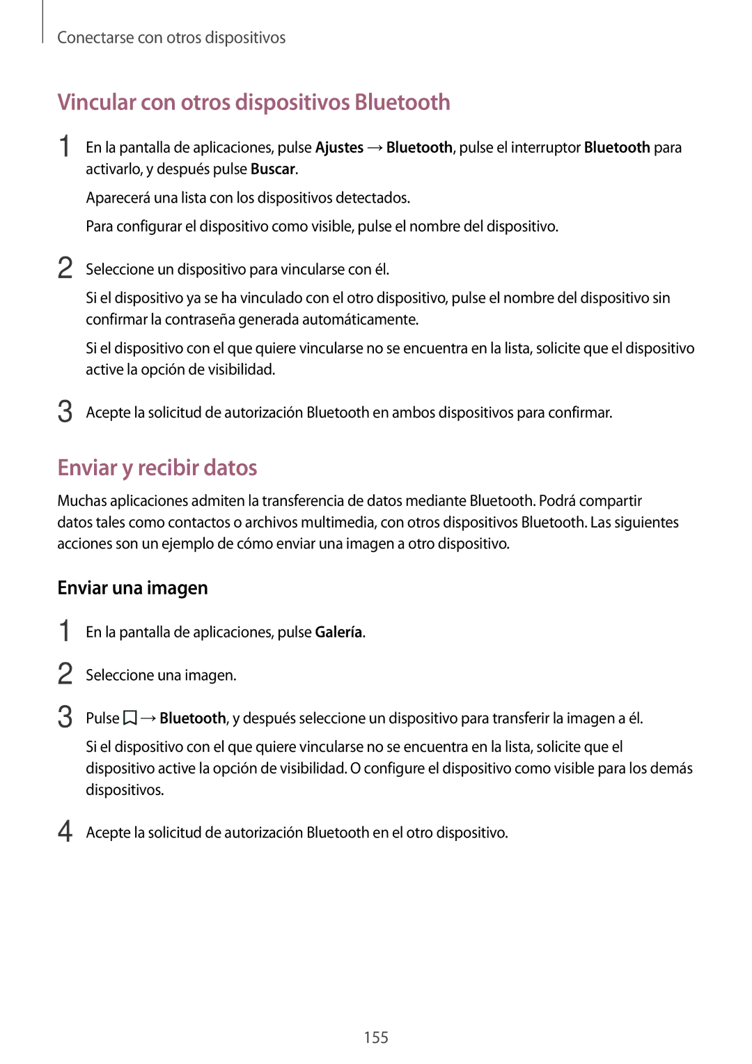 Samsung SM-G800FZBADBT manual Vincular con otros dispositivos Bluetooth, Enviar y recibir datos, Enviar una imagen 
