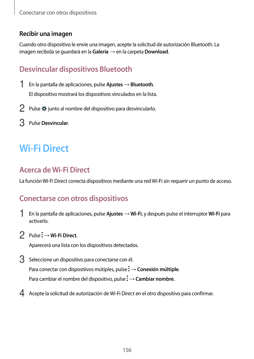 Samsung SM-G800FZKAXEF Desvincular dispositivos Bluetooth, Acerca de Wi-Fi Direct, Conectarse con otros dispositivos 