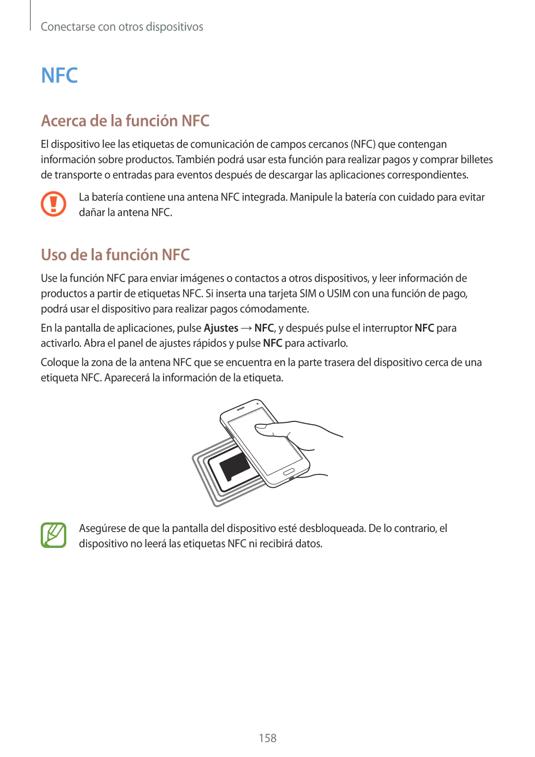 Samsung SM-G800FZDAROM, SM-G800FZKADBT, SM-G800FZBADBT, SM-G800FZKAXEF manual Acerca de la función NFC, Uso de la función NFC 