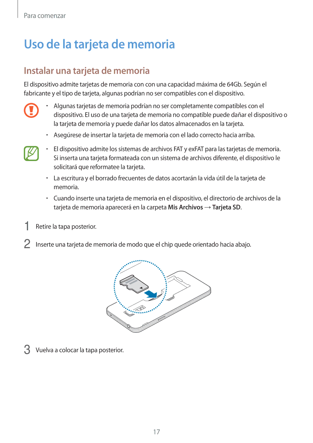 Samsung SM-G800FZWAITV, SM-G800FZKADBT, SM-G800FZBADBT manual Uso de la tarjeta de memoria, Instalar una tarjeta de memoria 