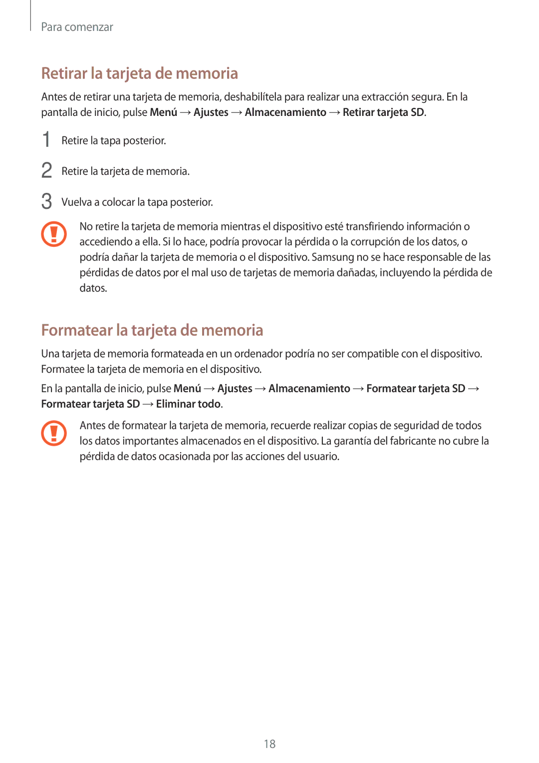 Samsung SM-G800FZDAROM, SM-G800FZKADBT, SM-G800FZBADBT manual Retirar la tarjeta de memoria, Formatear la tarjeta de memoria 