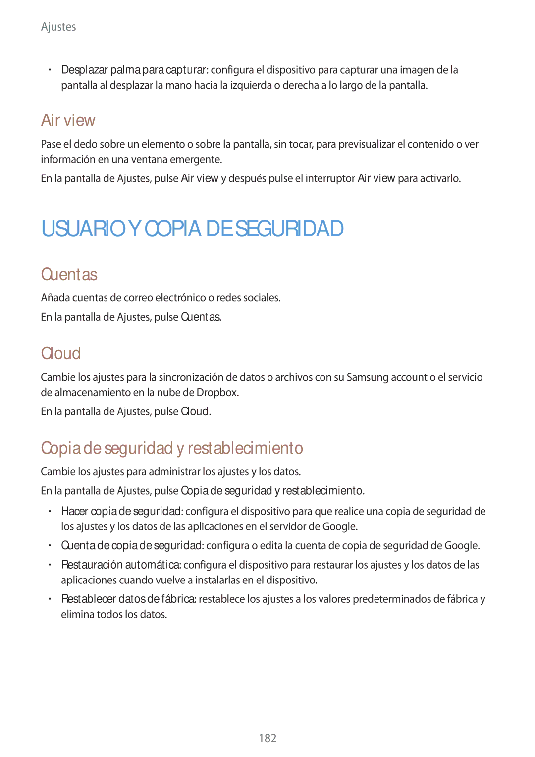 Samsung SM-G800FZKADBT, SM-G800FZBADBT, SM-G800FZKAXEF manual Air view, Cuentas, Cloud, Copia de seguridad y restablecimiento 