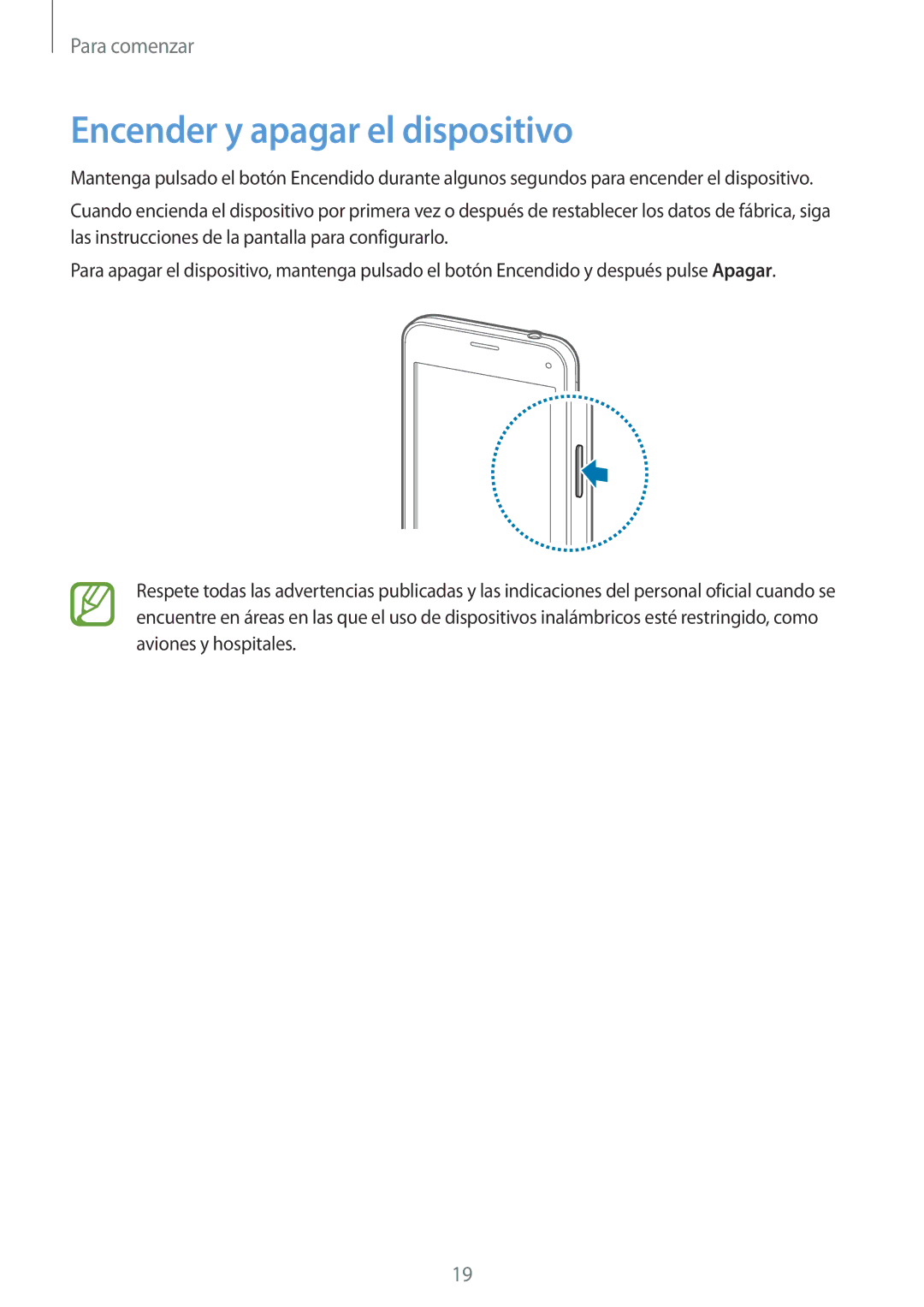 Samsung SM-G800FZKATIM, SM-G800FZKADBT, SM-G800FZBADBT, SM-G800FZKAXEF, SM-G800FZWAITV manual Encender y apagar el dispositivo 