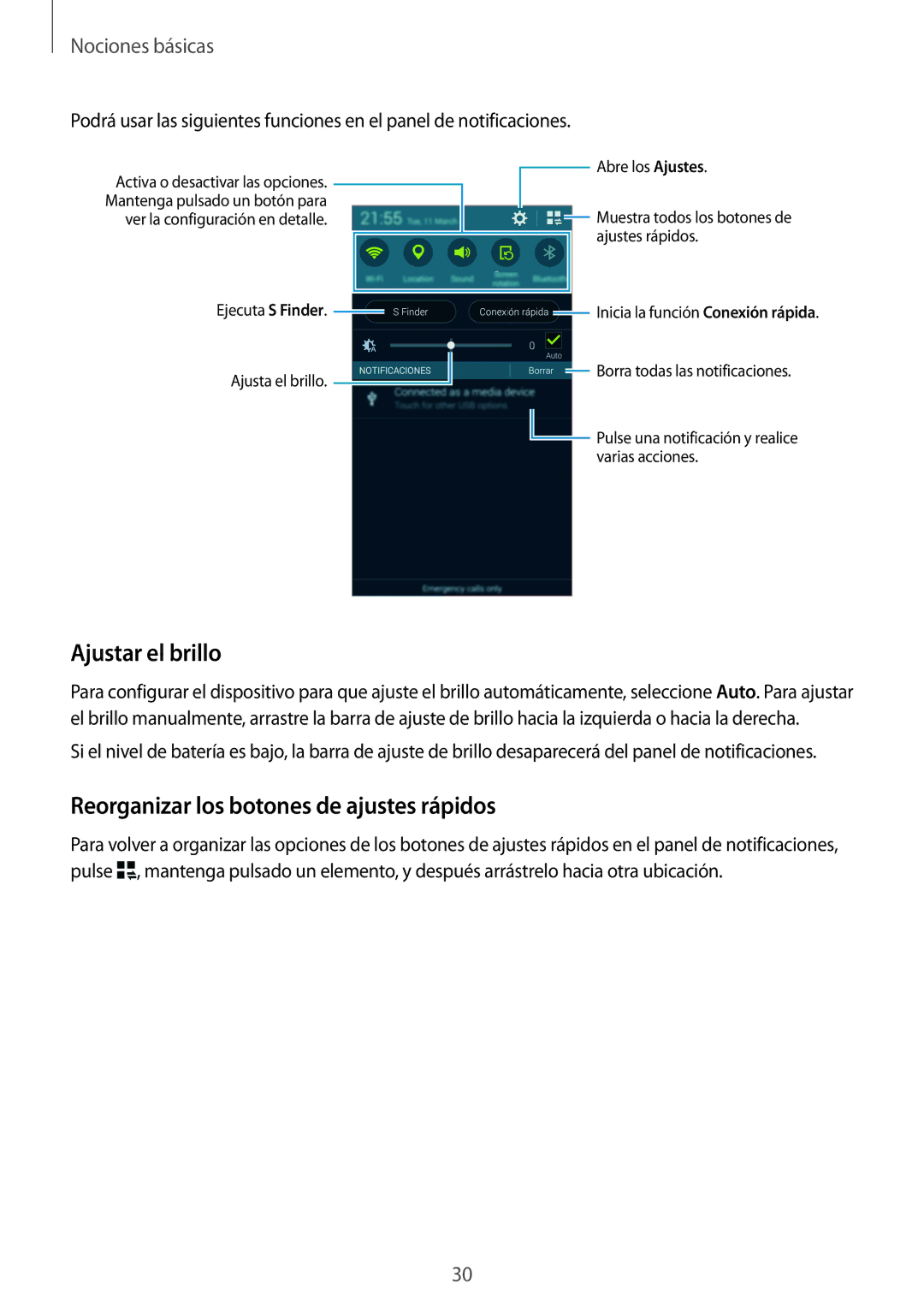 Samsung SM-G800FZKAXEF, SM-G800FZKADBT, SM-G800FZBADBT manual Ajustar el brillo, Reorganizar los botones de ajustes rápidos 