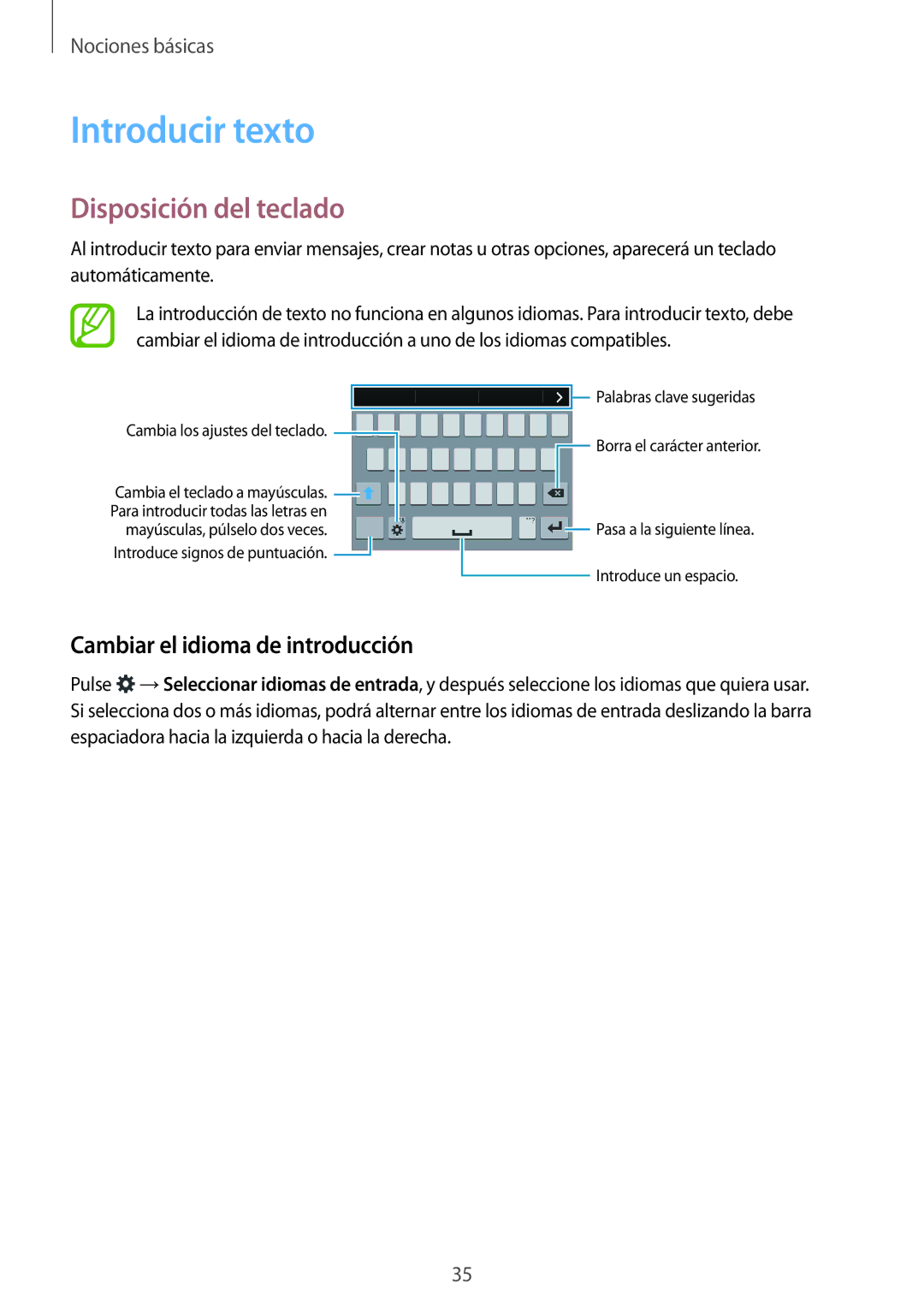 Samsung SM-G800FZKAITV, SM-G800FZKADBT manual Introducir texto, Disposición del teclado, Cambiar el idioma de introducción 