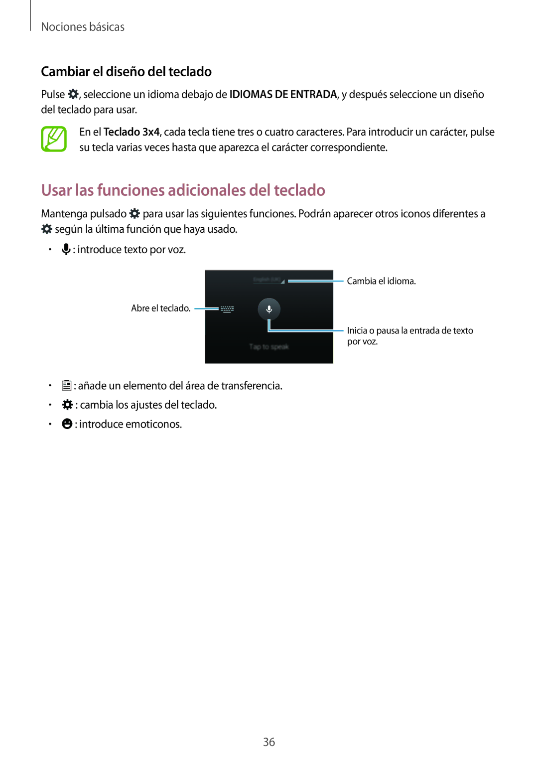 Samsung SM-G800FZKATPH, SM-G800FZKADBT manual Usar las funciones adicionales del teclado, Cambiar el diseño del teclado 