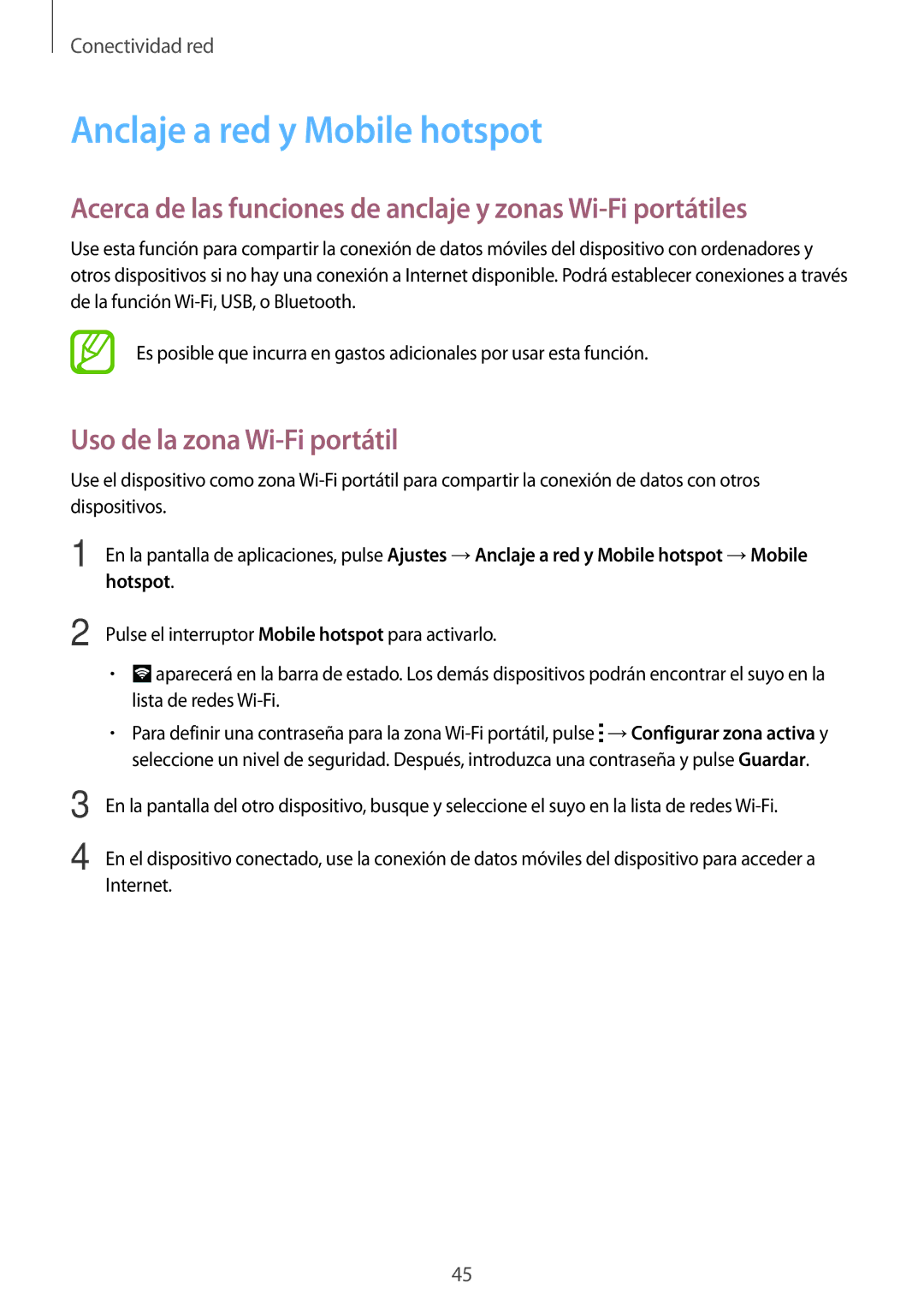 Samsung SM-G800FZWAITV manual Anclaje a red y Mobile hotspot, Acerca de las funciones de anclaje y zonas Wi-Fi portátiles 