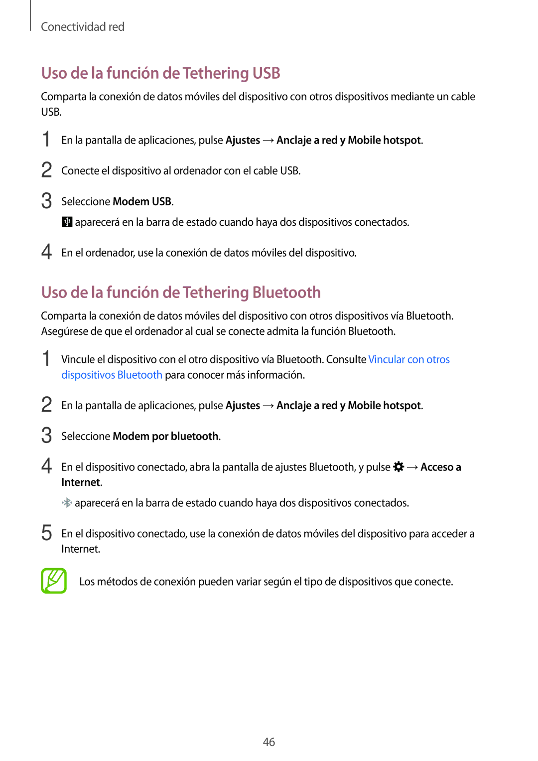 Samsung SM-G800FZDAROM manual Uso de la función de Tethering USB, Uso de la función de Tethering Bluetooth, Internet 