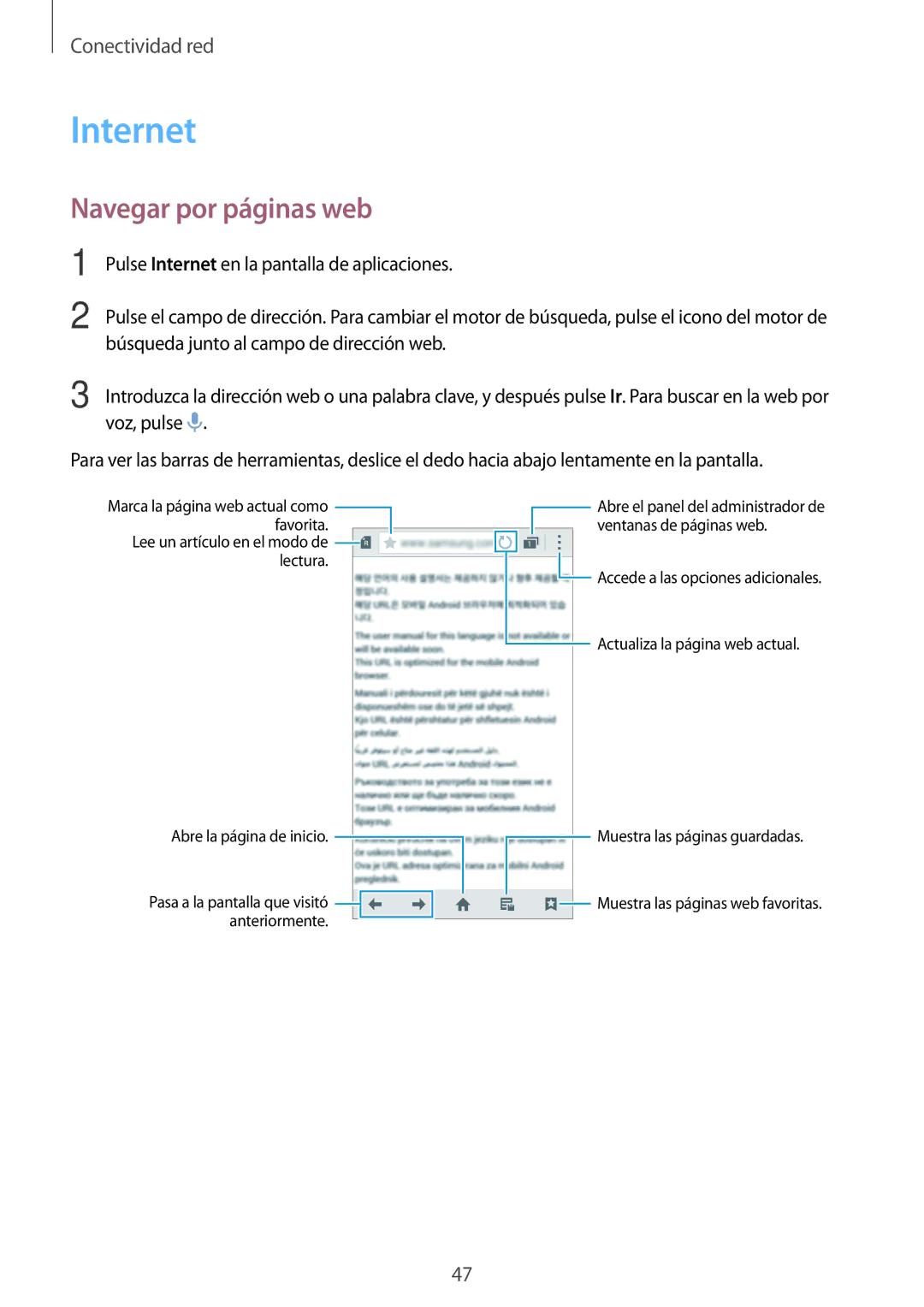 Samsung SM-G800FZKATIM, SM-G800FZKADBT, SM-G800FZBADBT, SM-G800FZKAXEF, SM-G800FZWAITV manual Internet, Navegar por páginas web 